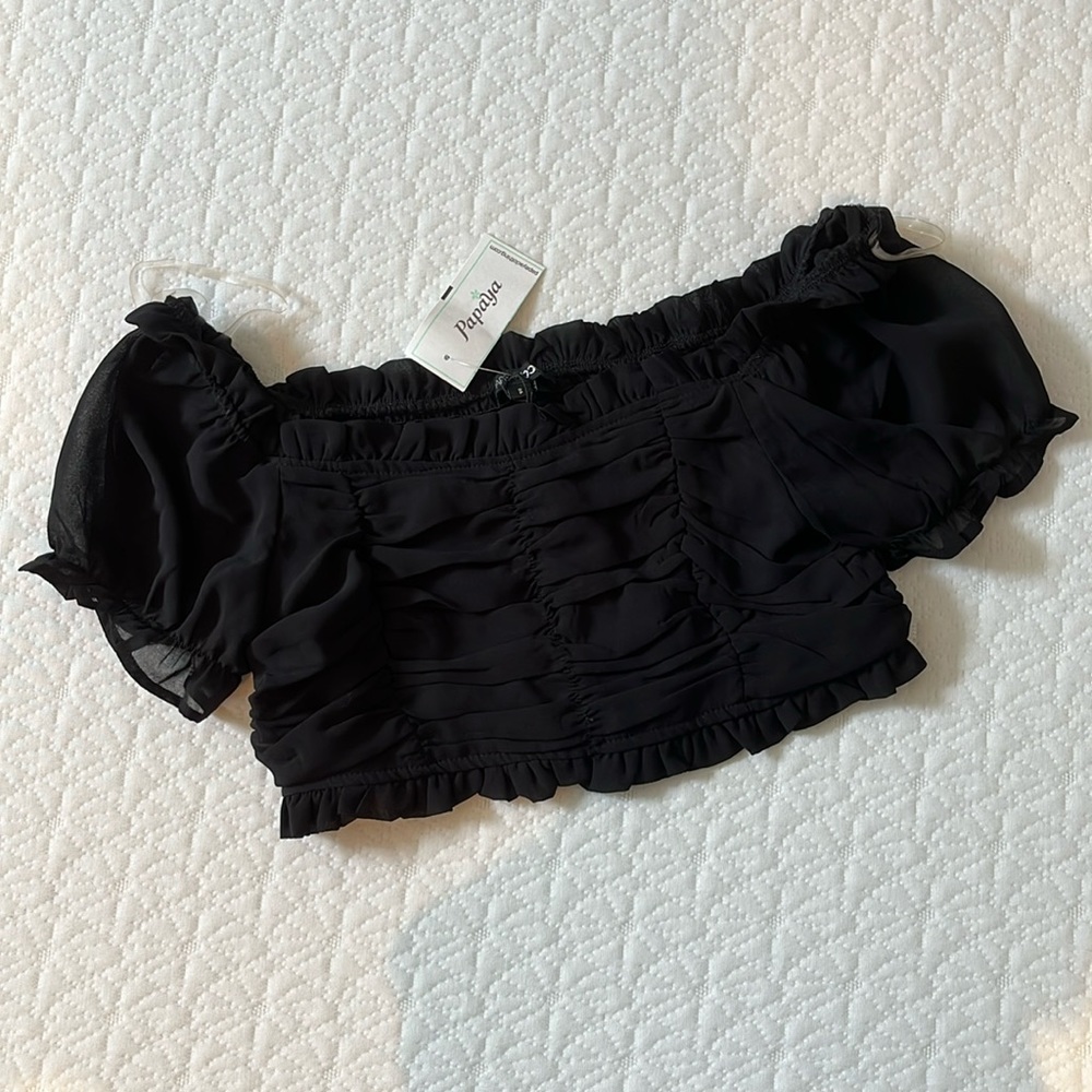Black papaya tube top with mesh puff sleeves